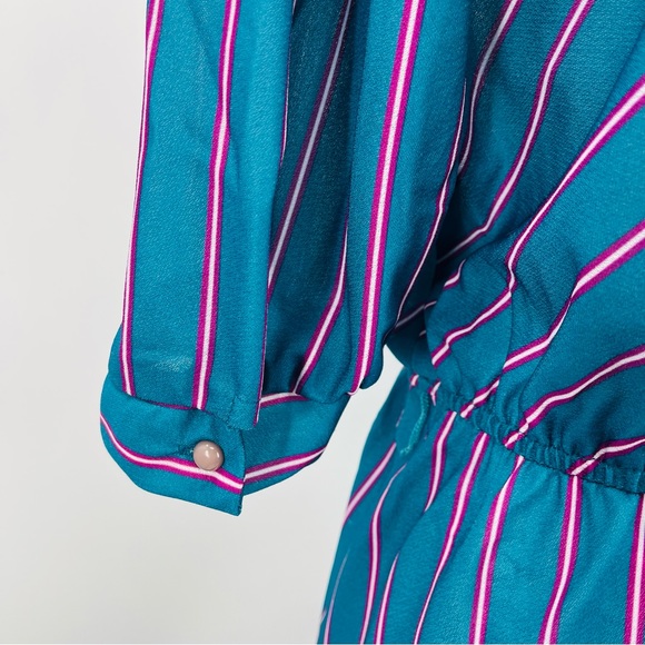 Vntg Jen Jen New York 70s Secretary Dress Teal Purple Pinstripes Puff sleeve M - Picture 12 of 13